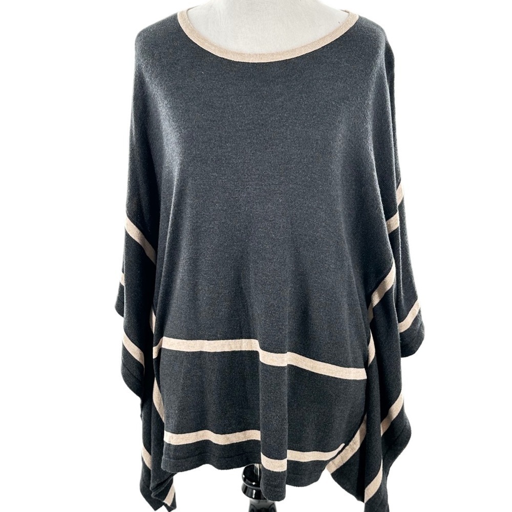 August silk petite womens sweater size PM charcoal gray striped old money poncho